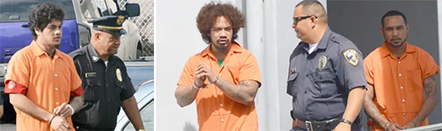 (L) Chief of Police, Foifua Foifua escorting prison escapee Joe Togitogi to the High Court last week.  (R) A DPS police officer escorting prison escapees Joseph Iosefa Iakopo and Ryan Pite outside of the High Court last week