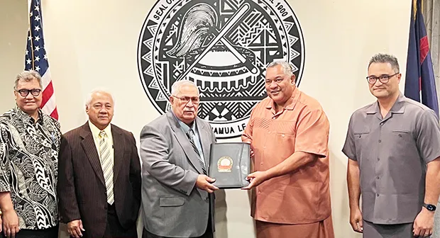 [l-r] Sixth Constitutional Convention secretary, Ti’alemasunu Dr. Mikaele Etuale; Vice Chairman Faiivae Iuli A. Godinet, Chairman Tuaolo Manaia Fruean, Gov. Lemanu Peleti Mauga, and Lt. Gov. Talauega Eleasalo Va’alele Ale