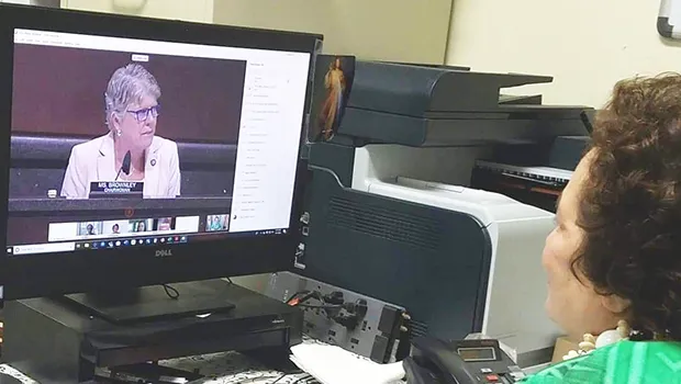 Congresswoman Amata in HVAC hearing remotely with Health Subcommittee Chairwoman Julia Brownley on screen.