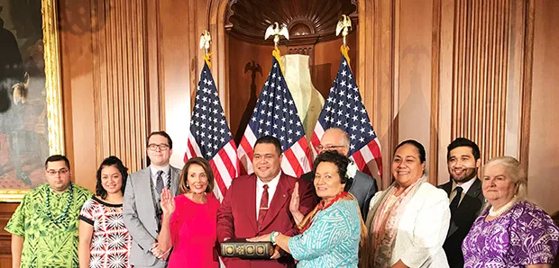  Congresswoman Amata took the Oath of Office for the 116th Congress with Speaker Pelosi, joined by Reverend Apisaloma Toleafoa (holding the Bible) and his wife Lora of the First Samoan Congregational Christian Church in Alexandria, VA, along with her DC staff