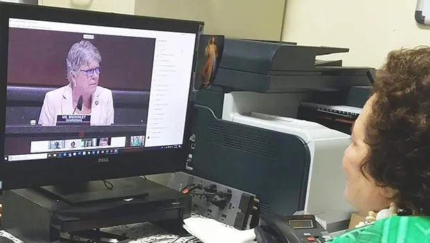 Aumua Amata speaking remotely with  Task Force Chairwoman Julia Brownley