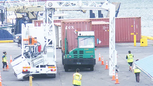 Shipping container in the scanner at Pago Pago harbor