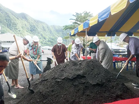 [l-r] Chief Associate Judge Mamea Sala Jr., Secretary of Samoan Affairs Mauga T. Asuega, Gov. Lolo Matalasi Moliga and others turn the soil 