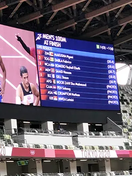 the screen-score board of the results of the men’s 100 meter sprint