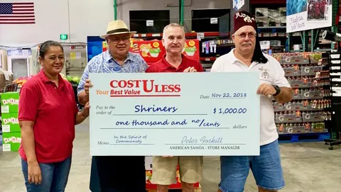  Peter Foskitt, General Manger for CostULess presented a $1,000 donation to Shriners Club of American Samoa President Sean Gregg and Shriners Club Member Roy J.D. Hall, Jr.