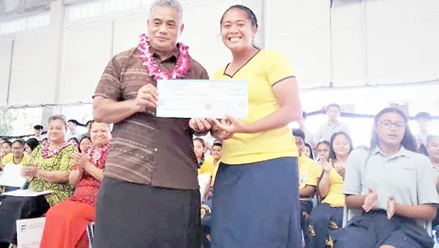 Health Department director Motusa Tuileama Nua (left) accepting donation from Georgina Alofa