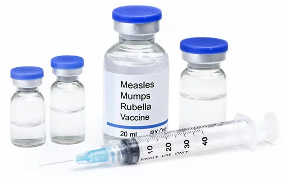 MMR vaccine bottles and needle