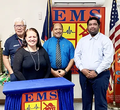 (L-R Back row): EMS Chief, Galumalemana Popo Avegalio, Acting CEO of LBJ Tropical Medical Center Dr. Akapusi Ledua and CFO of LBJ- TMC Sefanaia Kaumaitotoya (Front row): Jean Anderson, PsyD, Clinical Psychologist/ LBJ Board Consultant. [