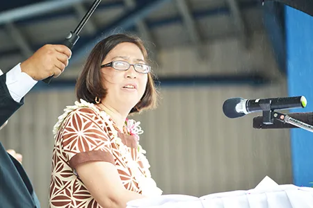 In this file photo, then-Assistant Secretary for Insular Affairs, Lupesinaosamoa Esther Kia’aina delivered the keynote address of at the 2016 Flag Day celebration