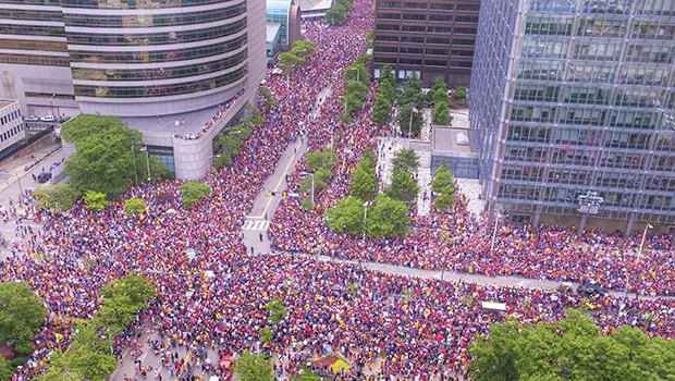 Crowd in the parade route in downtown Cleveland to celebrate the Cavaliers basketball team