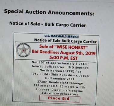 A screenshot last Friday morning, of the US Marshal Service (USMS) website, showing a link where bidders were to submit bids for the sale of the North Korean cargo vessel, “Wise Honest”, currently anchored in the bay area of American Samoa.