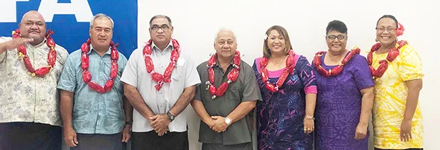 Silasila Samuelu, Sen. Fano Mitch Shimasaki, Rev. Elder Ioane Evagelia, FFAS President, Sen. Faiivae Iuli Alex Godinet, Sandra Fruean, Tausaili Ott and Amio Mavaega-Luvu.
