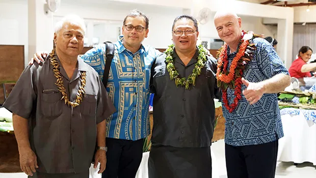(l-r) FFAS President Fai’ivae Iuli Godinet, member of the visiting FIFA delegation, FFAS CEO Tavita Taumua, FIFA President Gianni Infantino