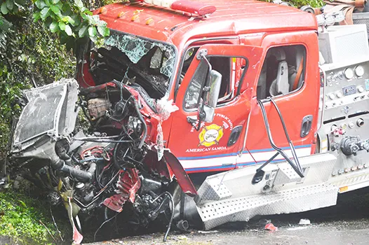 A closeup of the fire truck taken at the scene of the accident on the Afono road where it crashed last Thursday morning, April 30