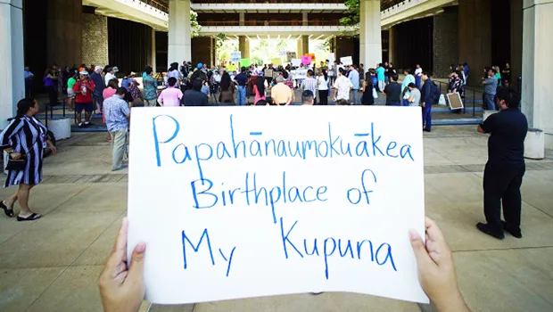 Sign at the Papahanaumokuakea fishing Means Food rally.  It says, "Papahanaumokuakea Birthplace of My Kupuna"