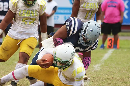 Tillus Sala (45) of the Sharks bringing down Fa’alili Fa’amoe 