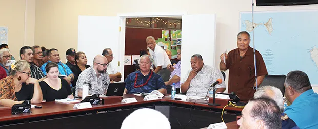 Gov. Lolo Matalasi Moliga speaking at Sunday’s emergency cabinet meeting