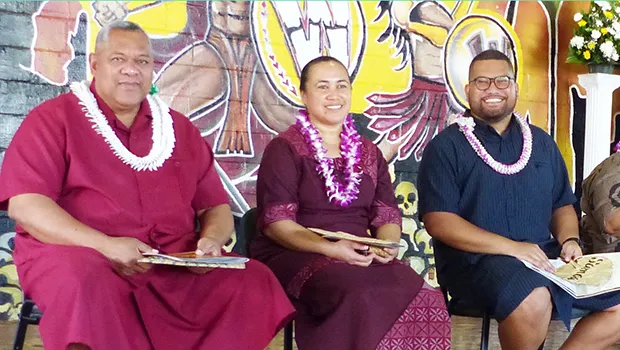 [l-r] Gov. Lemanu Peleti Palepoi Sialega Mauga, First Lady Ella Mauga and Bluesky Communications chief executive officer