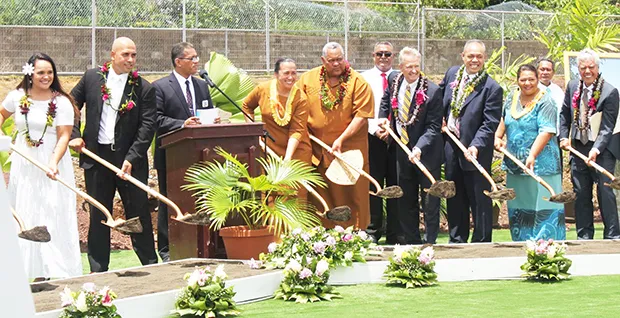 First Lady, Ella Perefoti Mauga (fourth from left) with Gov. Lemanu Peleti Mauga (fifth from left) and Elder K. Brett Nattress (sixth from left)