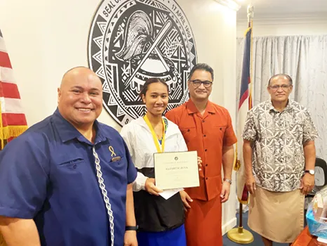 [l-r] The Governor’s Chief of Staff, Tuimavave Tauapa’i Laupola; Summer Youth Employment Program participant; Acting Gov. Talauega Eleasalo Ale, and the Governor’s Office Chaplain, Patolo Mageo