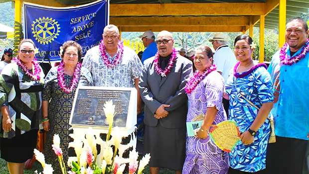 [l-r] Rotary Club of Pago Pago president Agnes Polu, Congresswoman Aumua Amata, Lt. Gov. Lemanu Palepoi Sialega Mauga, CCCAS Fagatogo Rev. Iasepi Ulu, Dept. of Human and Social Service official Lupe Sunia Fiso, a female guest, and Hawaiian Airlines representative Voloti Malietoa