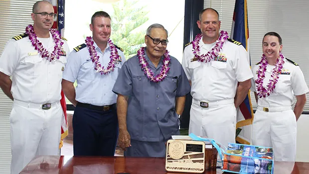 Gov. Lolo Matalasi Moliga (center) with Commander Andy Strickland, Commanding Officer of the USS Shoup; two Naval officers and a US Coast Guard official