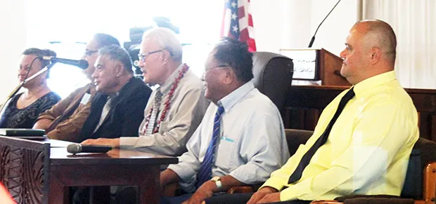 Health Department deputy director, Fara Utu, DoH Clinical director Dr. Saipale Fuimaono, acting Health director Motusa Tuileama Nua, Secretary of Samoan Affairs Mauga T. Asuega, LBJ hospital chief executive officer Faumuina John Faumuina, and DoH Senior Epidemiologist, Dr. Aifili John Tufa 