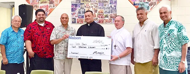 [l-r] Moepologa John Pereira, general manager of Molida Shipping Agency, American Samoa; Lanu Pen, Matson American Samoa representative; Dean Matsuoka, sales account executive of Matson Hawaii; Rev. Father Faitau Lemautu, Hope House chaplain; Bishop Peter H. Brown; Ta'afano Joe Tavale, Hope House board chairman; and Larry Sanitoa, chairman of the Hope House fundraising committee 