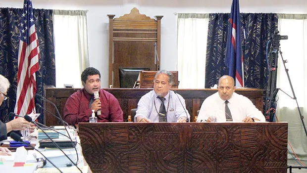 LBJ Board Chairman Dr. Malouamaua Tuiolosega, CEO Dr. Akapusi Ledua (right) and CFO Sefanaiya Kaumaitotoya testifying at the joint hearing of the Fono’s Budget and Appropriation Committee.  [photo: Asi A. Fa’asau]