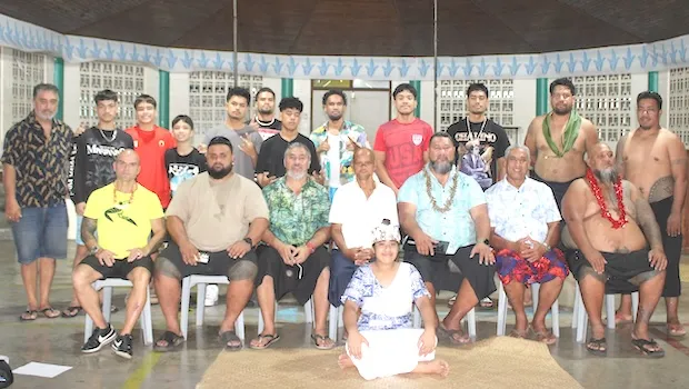 Coach Stanley Iakopo (seated far left), along with the visiting ASBF team (standing) and members of the Marist Samoa Sports Club