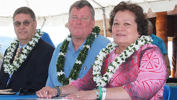 [l-r] Territorial Bank of American Samoa president and CEO, Drew Roberts; Bank of Hawaii senior vice president Hobbs Lowson — who was also a former head of BoH operations in the territory, and Congresswoman Aumua Amata 