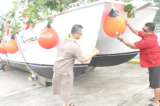 Lt. Governor La’apui christening the new DMWR vessel 