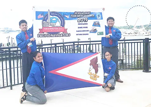 Edrik Scanlan Gaisoa, Daniel Hyuk Wang, Bianca Alenna Serrano and Petania Fou Sagaga with American Samoa flag.