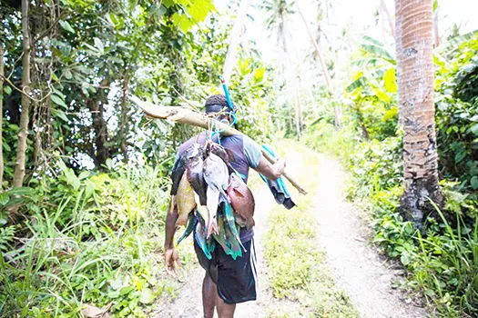 Man walking through the bush with a string of fish over his sholder