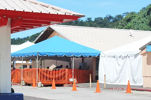 The LBJ COVID-19 triage tents set up in front of the hospital