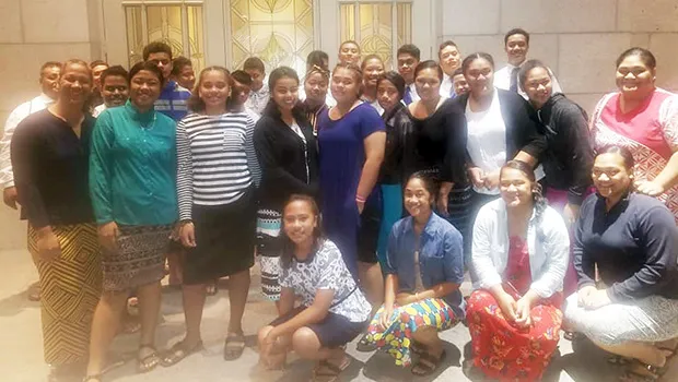 Youth groups from the Tafuna 3rd and Mesepa 2nd Wards of the Church of Jesus Christ of Latter Day Saints, in front of the Apia, Samoa Temple