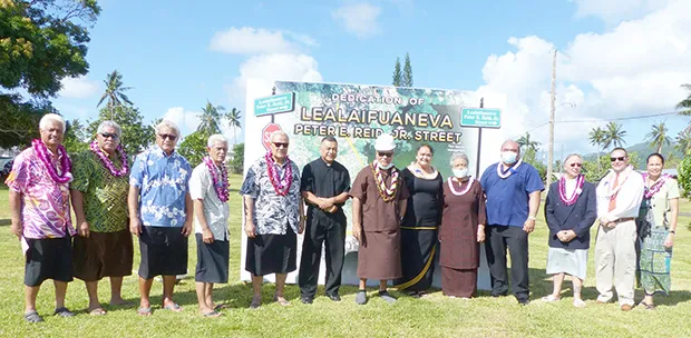 Gov. Lolo Matalasi Moliga (7th from left), along with G.H.C. Reid & Company Ltd. board chair, Olivia Reid, First Lady Cynthia Malala Moliga and others pose for a group photo