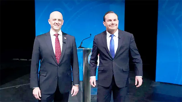 Utah Sen. Mike Lee, right, and his challenger Evan McMullin
