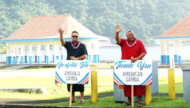 Governor-elect, Lt. Gov. Lemanu Palepoi Sialega Mauga and Lt. governor-elect, Talauega Eleasalo Va’alele Ale (left) in a file photo waving