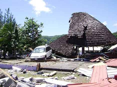 Damaged Samoan fale in Leone from 2009 tsunami