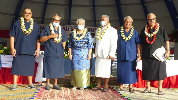 [l-r] Senate President Gaoteote Palaie Tofau, Gov. Lolo Matalasi Moliga, First Lady Cynthia Malala Moliga, the Rev Elder Fa’aetete Saifoloi, House Speaker Savali Talavou Ale, and Secretary of Samoan Affairs Mauga Tasi Asuega