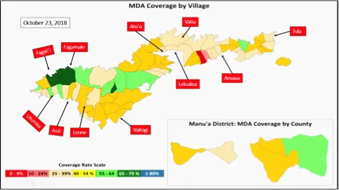 The map pictured here shows us to date the percentage of people from each village that have taken their MDA medicines