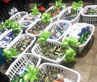 Baskets of items donated to DHSS Homeless Shelter by LHS students