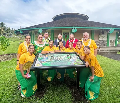 Front Row: Emma Fiu, Moemamao Taua, Topelei Matoka, Fuarosa Molesi, Fuatai Iosefo, Fa'anape Suani  Back Row: Vera Talamoa Peck, Mikaela Saelua, Principal Dr. Patrick Danielson, Land Grant Forestry Manager Denis Sene, Forestry Specialist Tony Maugalei, Edmund Amataga 