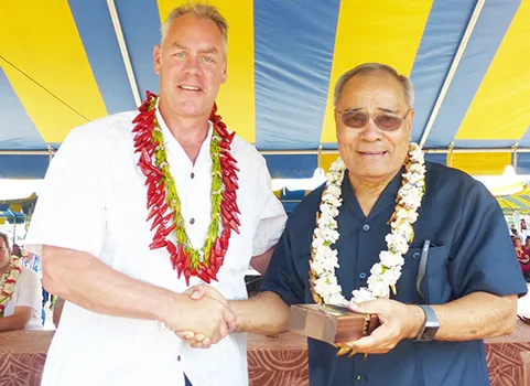 Interior Secretary Fofoga-o-Samoa Ryan Zinke presents Governor Lolo Matalasi Moliga with a special medal