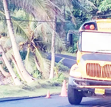 Low hanging telecom wires with bus driving under.