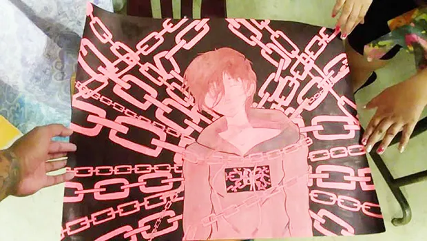 While there is no explanation or description with this artwork — interpretation of one viewer saw the hot pink color of a child’s danger, chain… chain… chain of fools … binding ourselves from without and within