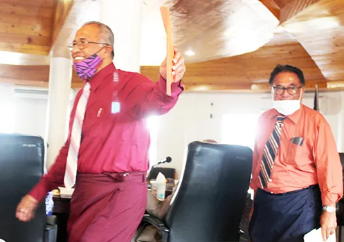 ASG Treasurer Malemo L. Tausaga (front) and LBJ Medical Center chief executive officer Faumuina John Faumuina