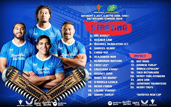 The Manu Samoa team lineup for Pacific Nations Cup first game