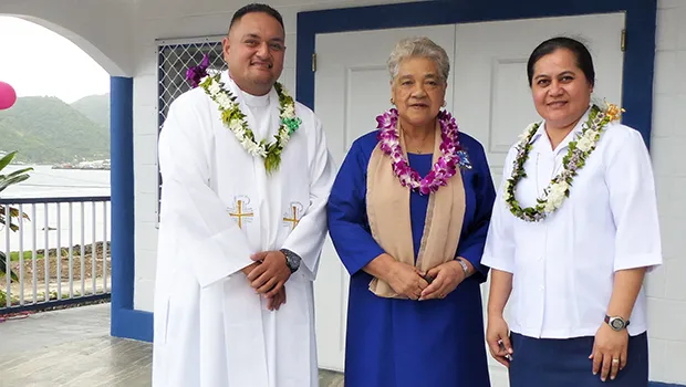 [l-r] Father Pio Afo, First Lady Cynthia Malala Moliga and Christina Fualaau